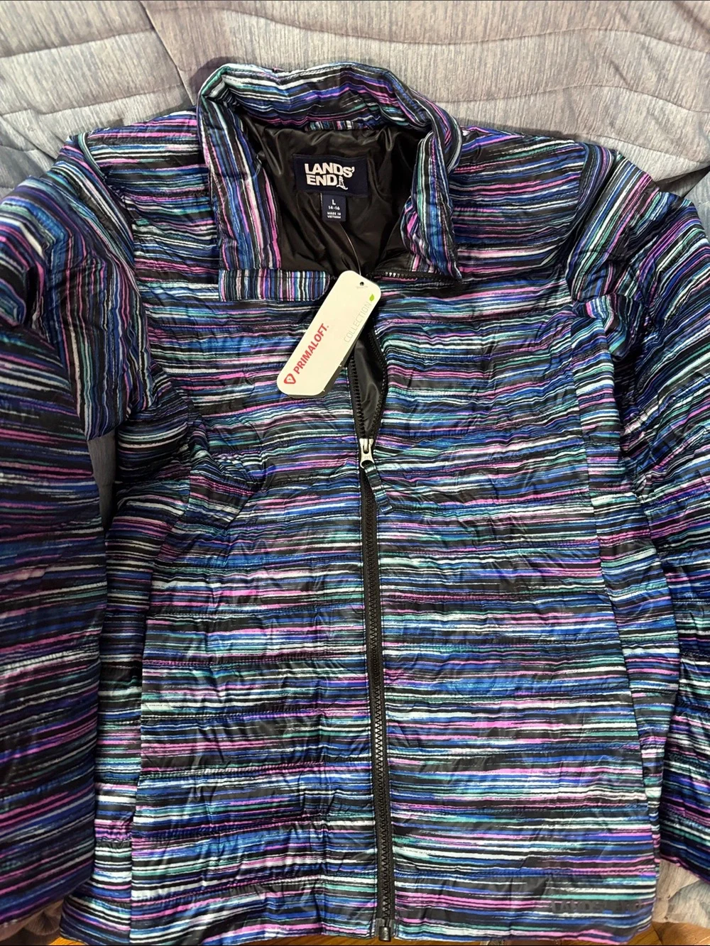 Lands' End girls Striped Quilted Jacket in Blue, Purple and Black new with tags